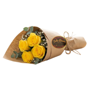 Ramo de 4 rosas amarillas frescas en papel kraft con eucalipto y cordel