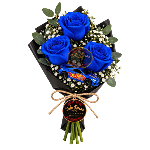 Ramo de 3 rosas azules tinturadas con carro Hot Wheels y papel negro