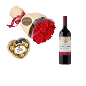 COMBO N° 5 AMOR INTENSO ramo de rosas rojas con chocolates Ferrero Rocher y vino